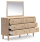 Cielden Full Upholstered Panel Bed with Mirrored Dresser, Chest and Nightstand