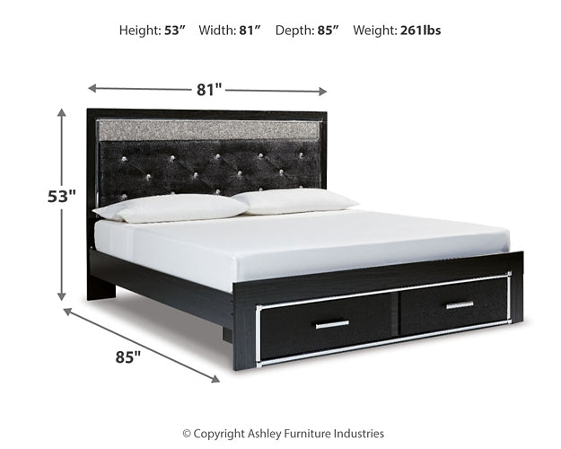 Kaydell King Upholstered Panel Storage Platform Bed with Mirrored Dresser, Chest and 2 Nightstands